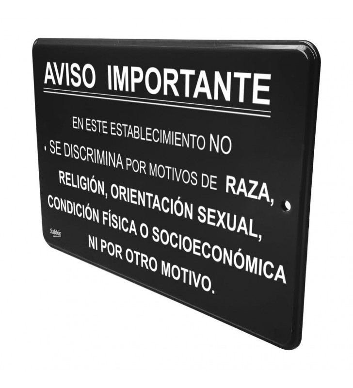 SEÑAL NO DISCRIMINACION 22.8x15.2 NEGRO IMPRESO BLANCO 7922 SEÑAL NO DISCRIMINACION 22.8x15.2 NEGRO IMPRESO BLANCO 7922